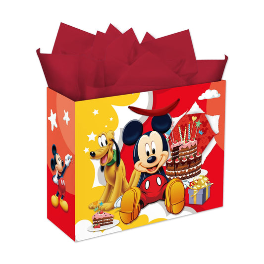 Zaprosze 4Pcs Mickey Birthday Gift Bag with Tissue Paper and Greeting Card Wrapping Paper Bags Large Themed Birthday Party Favor Bags for Girls Bday Baby Shower Mickey Party Supplies Decoration