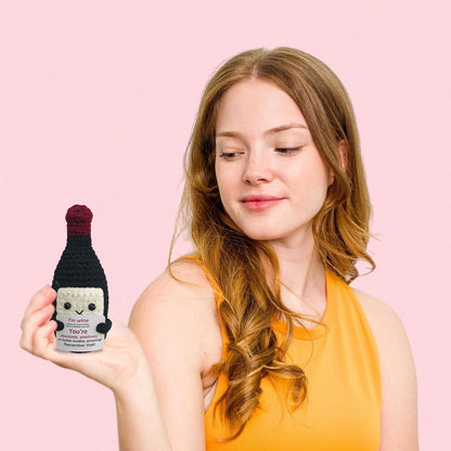 Funny Crochet Mini Wine Bottle,Emotional Support Redwine Gift for Women and Men,Handmade Wine Lover Gift for Birthday,Party,Housewarming,Cute Desk and Home Decor for Friends and Coworkers