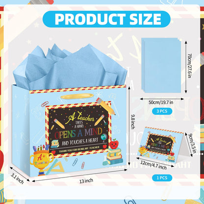 HSKMAKE Teacher Appreciation Gift Bags Blue Thank You Teacher Gift Set With Greeting Card, Envelope & Tissue Large Paper Bag for Educators, Graduation, Retirement Supplies