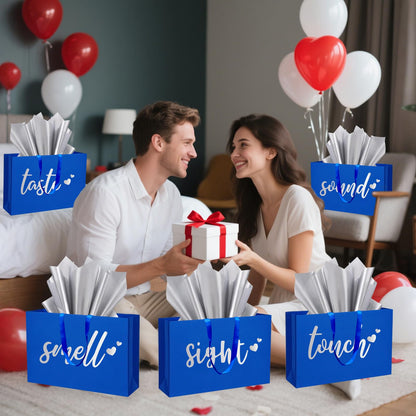 YIXAXKAO 5 Senses Gift Bags Five Senses Gift Bags with Tissue Paper Kraft Paper Bag with Ribbon Handles for Anniversary, Valentine's Day, Birthday for Him Husband Boyfriend (Blue Silver)