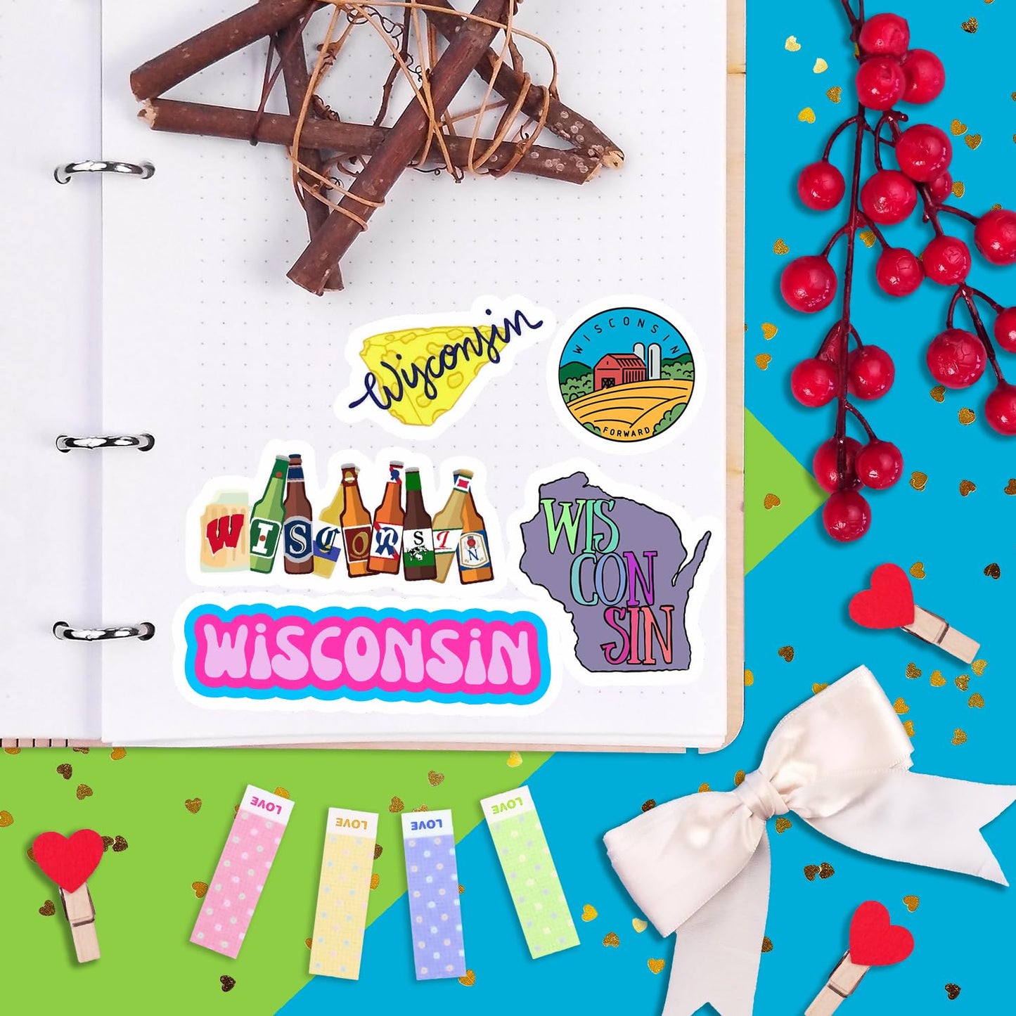BulbaCraft Wisconsin Stickers for Water Bottle and Laptop - Wisconsin Party Supplies & Decorations, Waterproof Vinyl Decals, State Pride and Icon Stickers, Gifts for Women & Men
