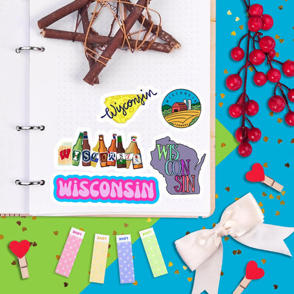 BulbaCraft Wisconsin Stickers for Water Bottle and Laptop - Wisconsin Party Supplies & Decorations, Waterproof Vinyl Decals, State Pride and Icon Stickers, Gifts for Women & Men