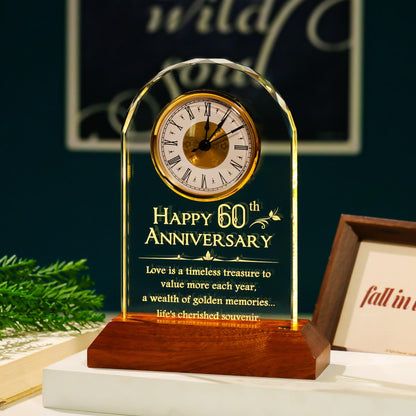 YWHL 60th Wedding Anniversary Clock Gifts for Parents Grandparents, 60 Years Anniversary Couple Gift, Table Clock Glass Presents with Wooden Light Base for Home Decoration (Battery not Included)