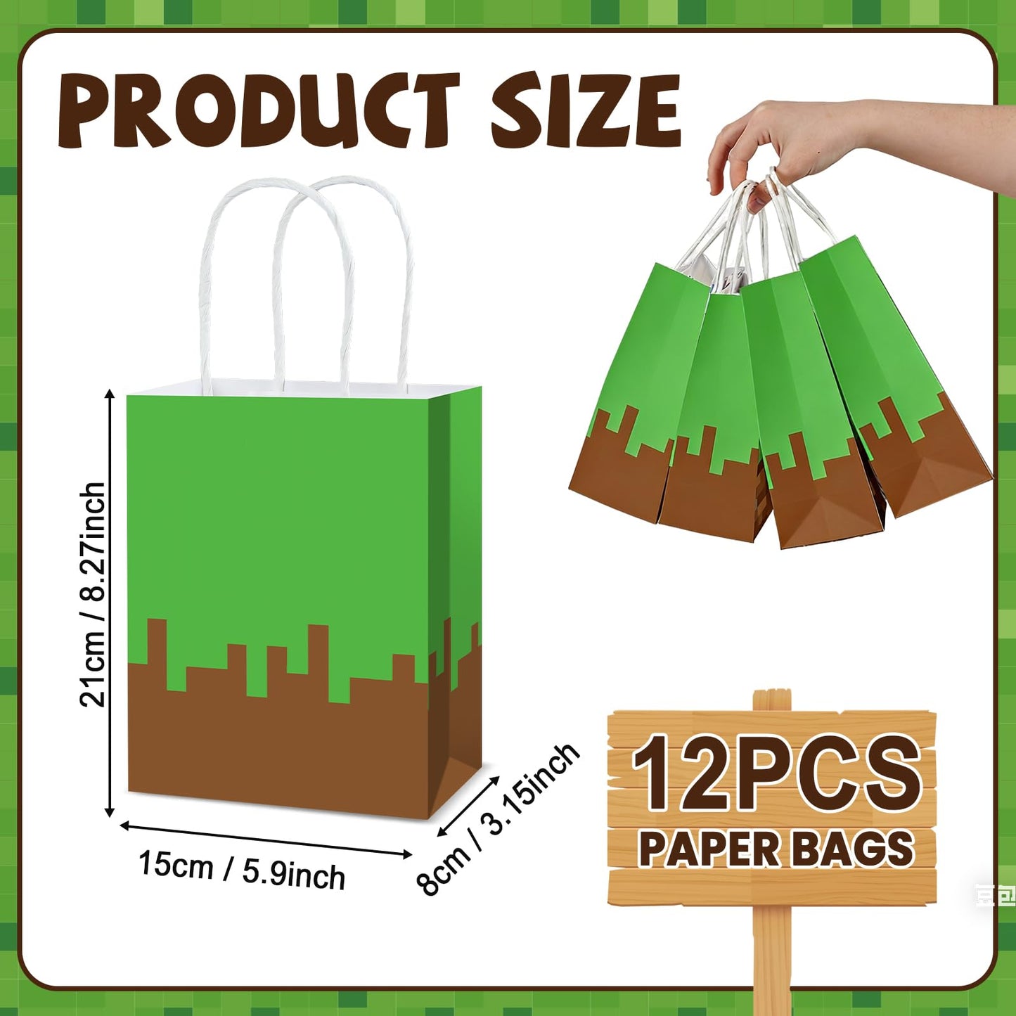 12Pcs Pixel Theme Party Favor Bags Video Game Party Supplies Pixel Paper Gift Mining Theme Goodie Bags with Handle Gamer Birthday Treat Candy Bag for Kids Pixelated Birthday Baby Shower Decoration