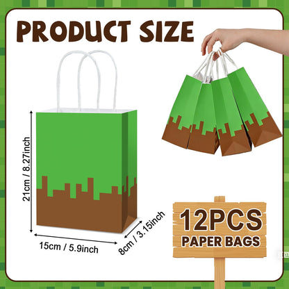 12Pcs Pixel Theme Party Favor Bags Video Game Party Supplies Pixel Paper Gift Mining Theme Goodie Bags with Handle Gamer Birthday Treat Candy Bag for Kids Pixelated Birthday Baby Shower Decoration