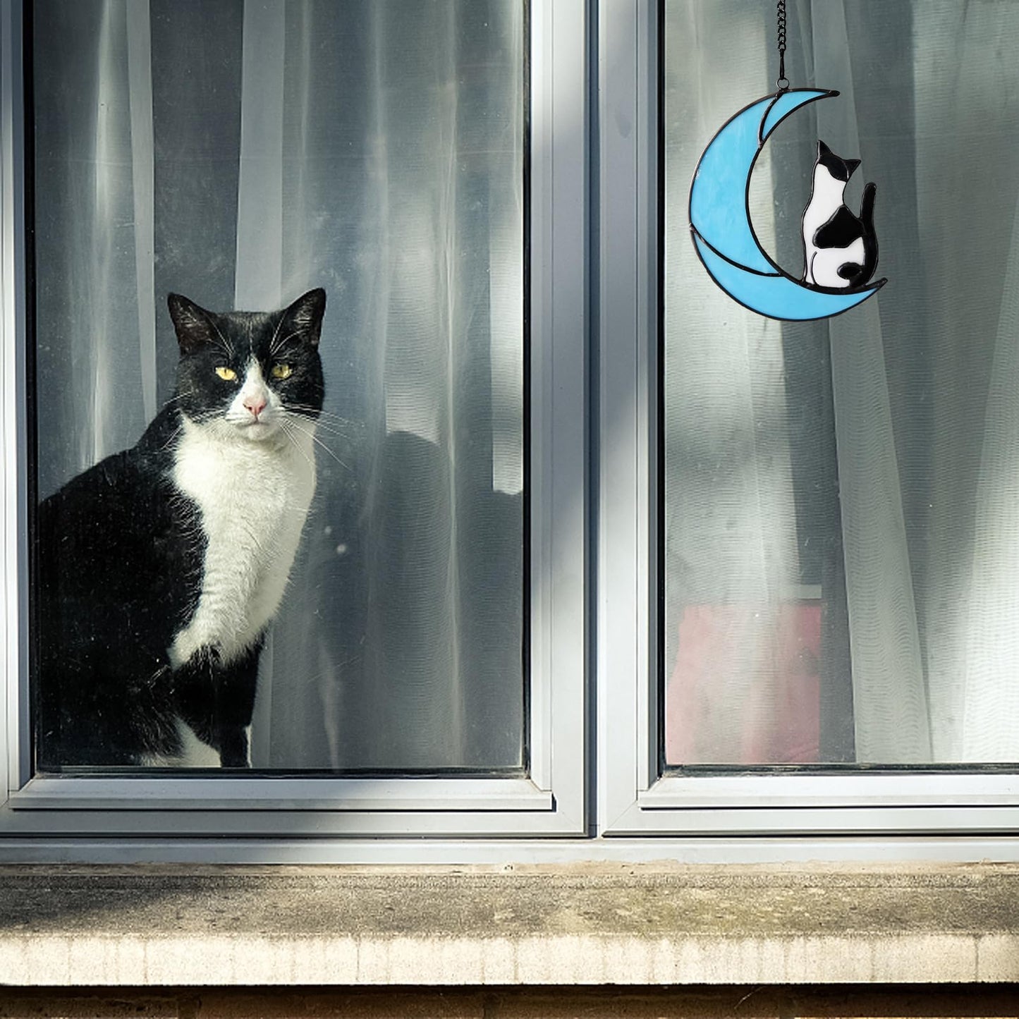 Black and White Tuxedo Cat Memorial Gifts - Handmade Stained Glass Suncatcher Window Hanging, Cat Loss Sympathy Gift for Owners