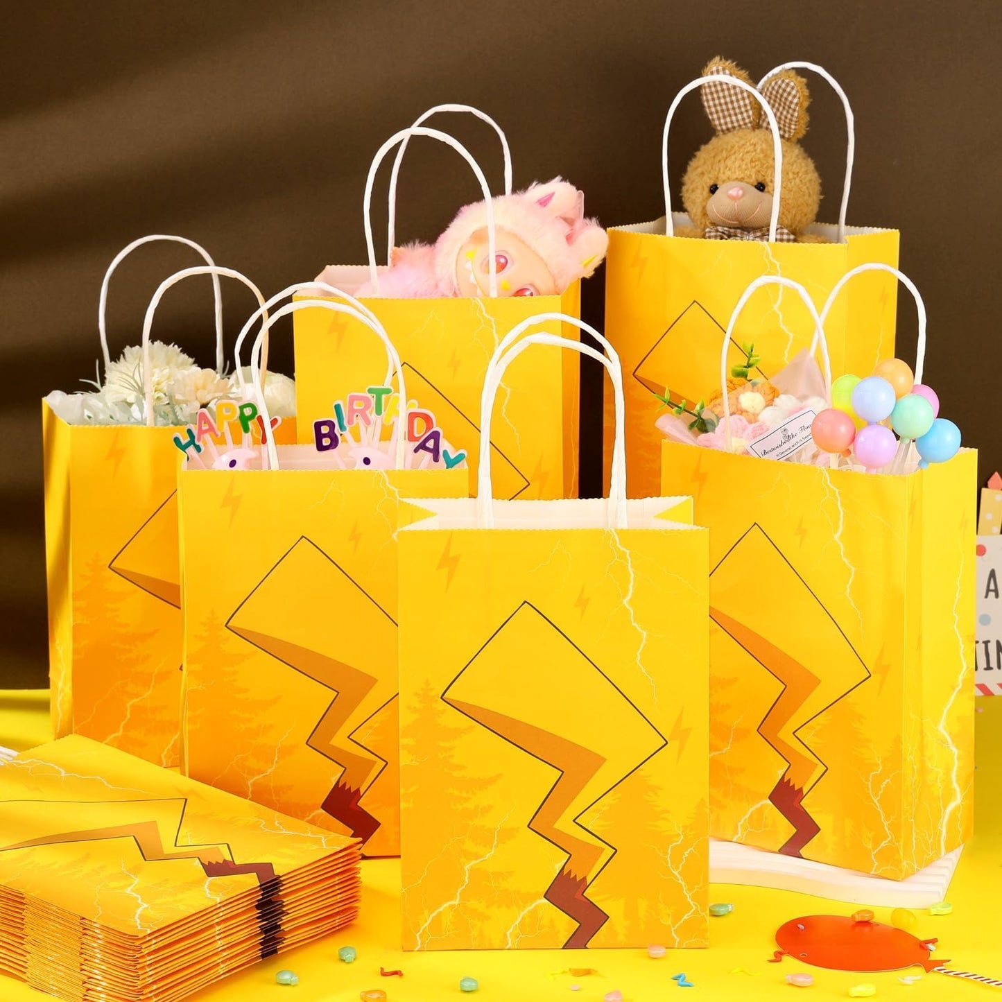 24 Pcs Cartoon Paper Bags Animation Party Gift Bags Red Kraft Treat Bag with Handle Birthday Party Supplies Paper Goodie Bags 8 x 5.1 x 3.1 Inches for Birthday Theme Supplies Baby Shower Decorations