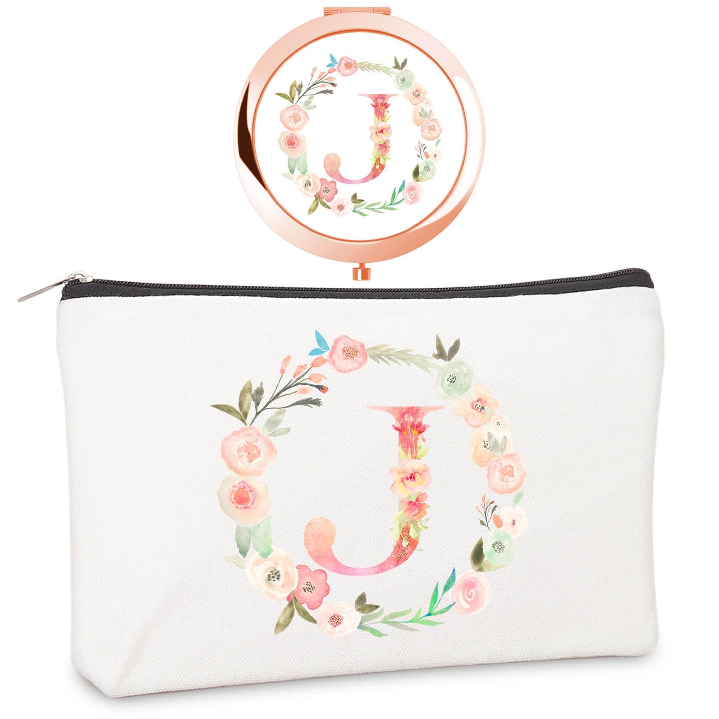 Personalized Gift Initial Compact Mirror w Makeup Bag for Women Sister Daughter Mom Wife, Floral Monogram Alphabet Small Mirror Ideal Gift on Birthday, Christmas, Graduation (J + Bag, ROSE GOLD)