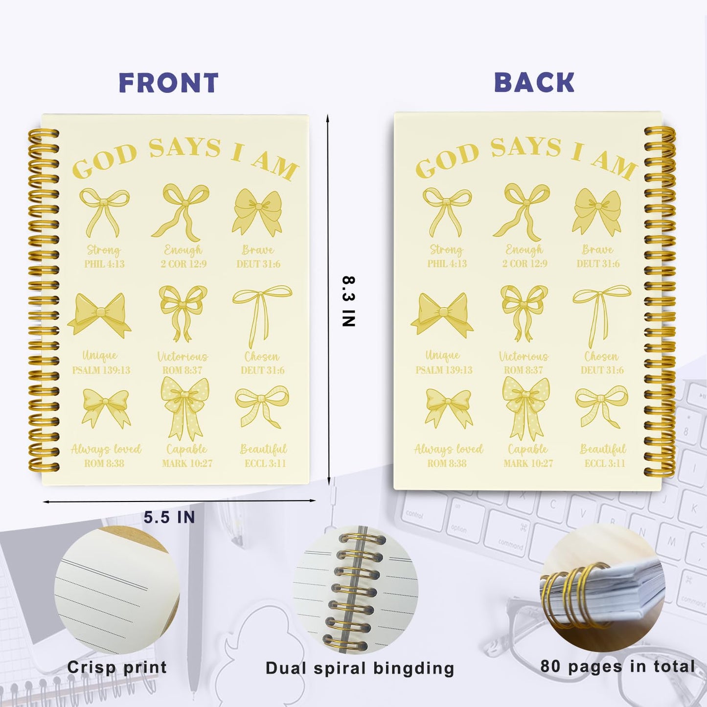 THDSE Bible Journal for Women, Christian Prayer Journal Notebook Gifts for Teen Girls Kids, Bible Study Supplies, Cute Bows Church Faith Journaling Hardcover Spiral Notebook 5.5 X 8.3(Baby Yellow)