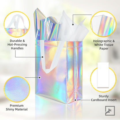 ZIFTY 32PCS Goodie Gift Bags with Handles, Reusable Non-woven Holographic Iridescent Gift Bags Bulk with Tissue Papers for Birthday, Wedding, Easter, Christmas, Holiday Party Favors 8W x 4L x 10H