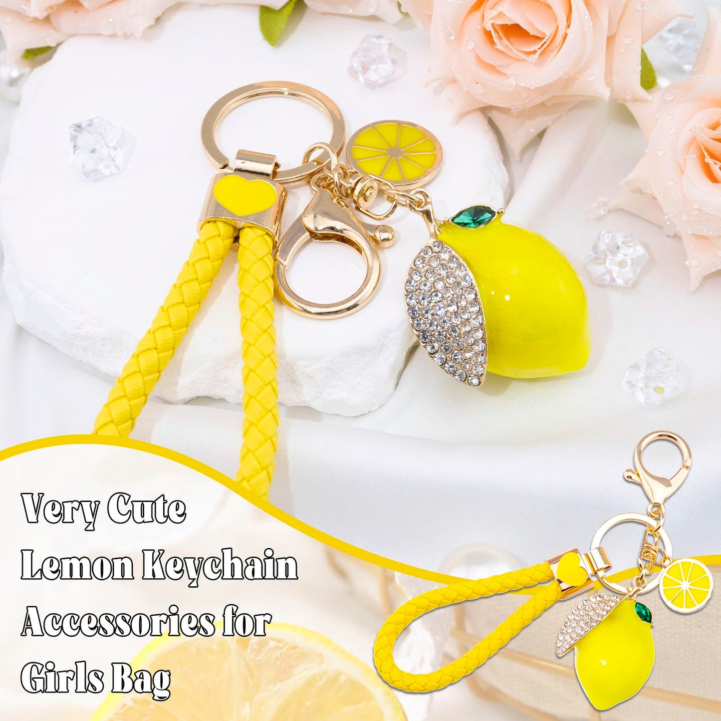 Lemon Bag Charm Gifts for Women Lemon Keychain Fruit Keychain Yellow Crystal Rhinestone Key Chain Fruit Keyring for Purse Bag Backpack Car Jewelry Gift for Girls Friends Family Accessories