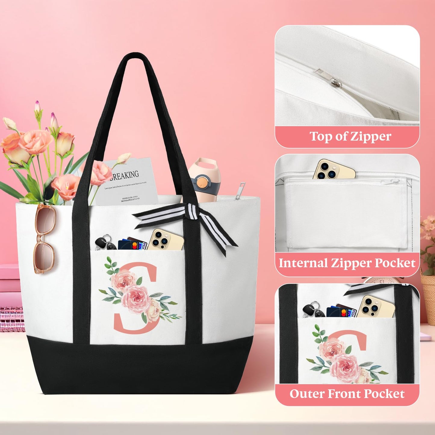 TRSODD Mothers Day Gifts for Mom Monogram Large Tote Bag and Makeup Bag Birthday Gifts for Women Wife Grandma Daughter Sister Friends K