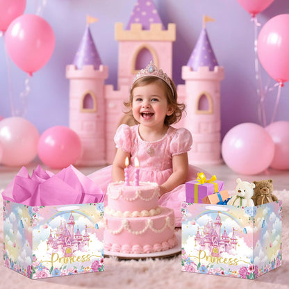 Extra Large Princess Gift Bag for Girls, Pink Castle Party Favors Bag with 6Pcs Tissue Paper Jumbo Flower Floral Gifts Bag with Handles Princess Wrapping Paper Bags for Birthday, Wedding, Baby Shower