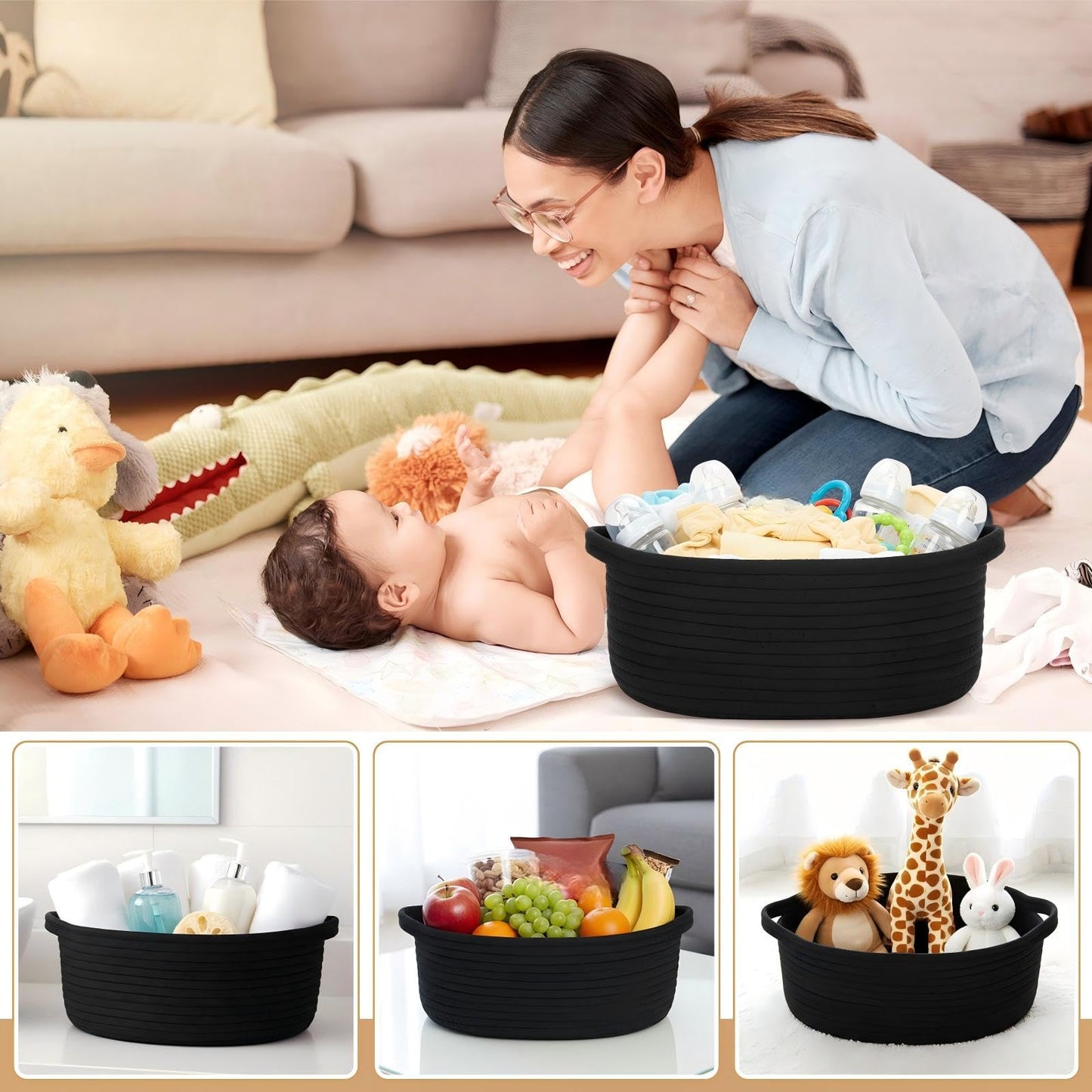 Colingmill Graduation Woven Basket with Gift Bags and 2 Ribbons, Raffia Grass Paper Shred Filler, Gift Card, Empty Small Rope Basket for Storage Presents Toy Organizer(Black,12 * 8 Inch)