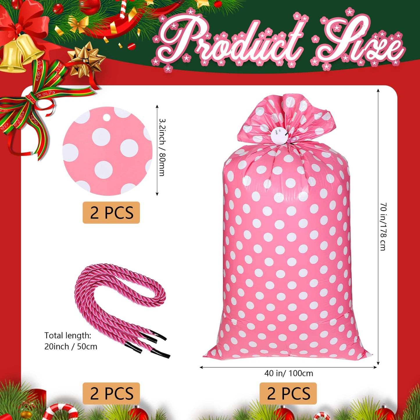 Sabary 2 Pcs 70 x 40 Inch Bike Gift Bag Giant Jumbo Birthday Gift Bag for Huge Gifts Extra Large Plastic Gifts Bags for Christmas Bicycle Baby Shower Wrapping Supplies(Dot,Pink White)