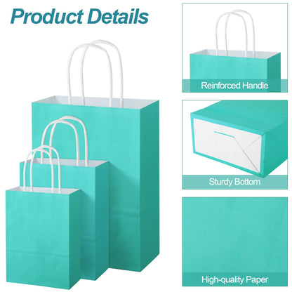 MIMIND 144 Pieces Teal Blue Gift Bags with Handles Assorted Sizes Mint Turquoise Paper Goodie Bags Bulk Party Favor Bags Supplies Baby Shower Birthday Wedding Engagement Bridal