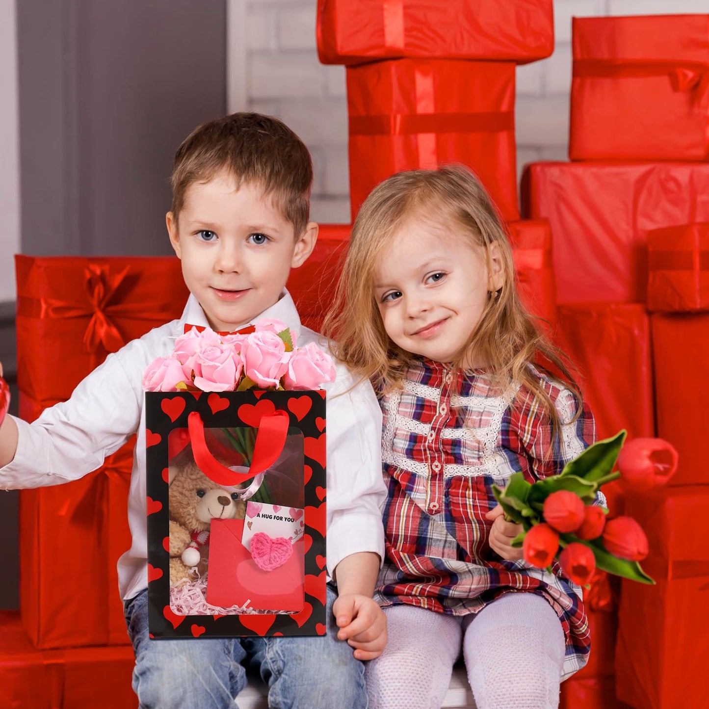 Frienda 12 Pcs Valentines Gift Bags Bulk Heart Goodie Bags with Clear Window and Handle Pink Red Happy Valentine's Day Paper Gift Wrap Love Tote Pouches for Party Favors Wedding Birthday Party