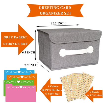 Greeting Card Organizer & Storage Box with 16 Pcs Adjustable Dividers, Storing 120+ Cards with 84 Pcs Labels (Grey - 1 Pack)