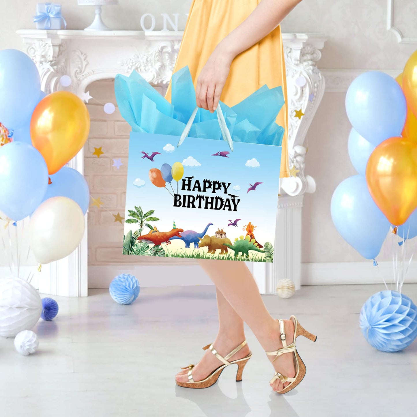 13" Large Watercolor Dinosaur Birthday Gift Bag for Boy Kids with Card and Tissue Papers (13" Blue)