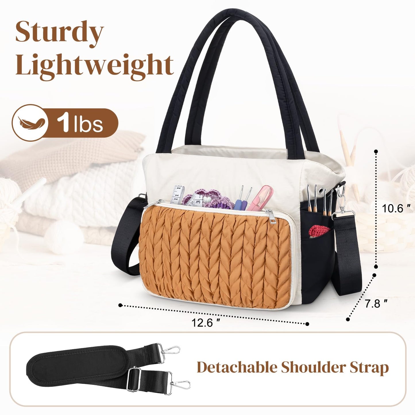 DALINDA Crochet Bag Organizer,Yarn Bag and Tote- Yarn Storage with Multiple Pockets for Crochet Supplies, Knitting Bag for Gifts,Portable & Durable(Brown)