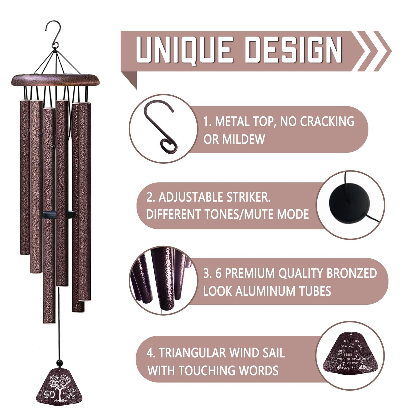 60th Wedding Anniversary Wind Chimes Gifts, Happy 60th Anniversary Decorations Gift for Parents Couple Husband Wife, Romantic 60 Year Anniversary's Keepsake Ideas Wind Chimes for Outside 32"