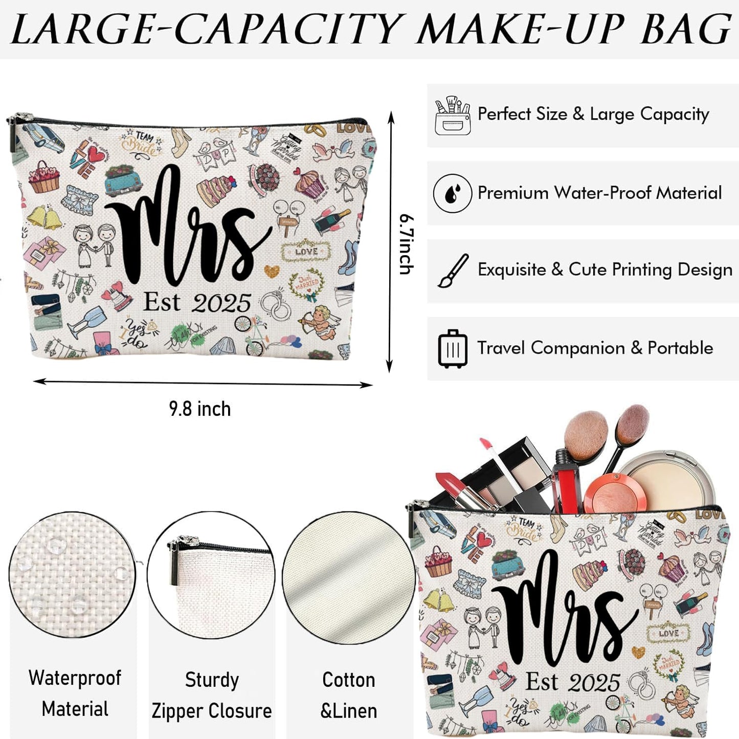 Bridal Shower Gifts for Women, Bachelorette Party Gifts, Wedding Gift, Linen Makeup Bag for Bride, LOVE Est 2025 Bachelorette Party & Engagement Gift