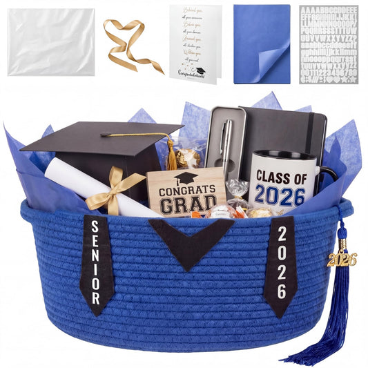 Colingmill Class of 2026 Senior Graduation Gift Basket Empty, 14x10x5.5 Inch Woven Rope Basket with Grad Design Bag & Ribbon Letter Stickers Tassel & Card Decorative DIY Congrats Gift(Black and Blue)