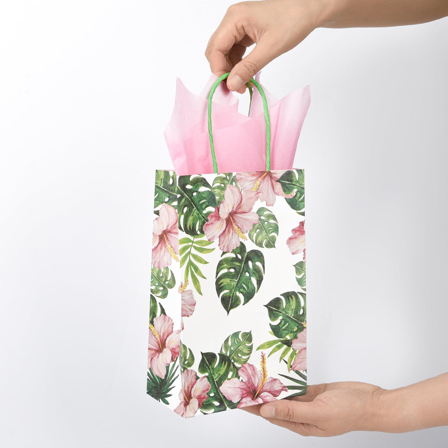36 Pack Small Hawaiian Tropical Party Favor Gift Bags with Handles 9x5.5x3.15 Inch and 36 Pink Tissue Paper for Luau Parties, Birthdays, Weddings, Baby Showers, Bridal Showers (2 Designs Assorted)