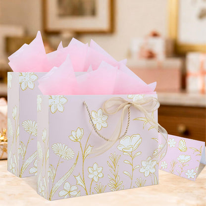 Vkkperp 2Pcs 12.6" Large Light pink Gift Bags Set with Handles including Tissue Paper Envelope Sticker Greeting Card and Bow Ribbon for Wedding Party, Birthday, Mother’s Day, Valentine's Day