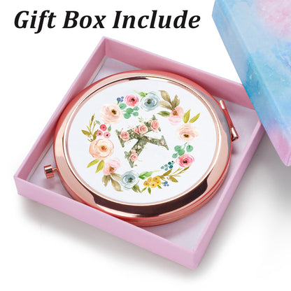 Personalized Gift for Women Girls Her, Custom Gifts for Adult Teen, Floral Monogram Alphabet Initial Compact Mirror for Birthday, Graduation, Mothers Day, Basket Stuffers