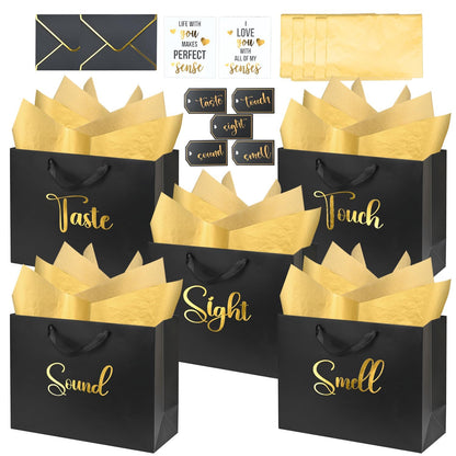 Nimbbex 13'' Large 5 Senses Gift Bags for Him Her with Labels Envelopes and Cards, Gold Foil Five Senses Gift Bags with Tissue Handle for Birthday, Anniversary, Mother's Day, Valentine's Day (Black)