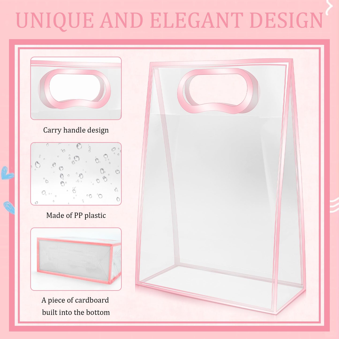 15Pack Clear Plastic Gift Bags with Handle,Reusable PP Gift Wrap Tote Bags with Ribbon for Wedding Bridal Birthday Party Baby Shower Goodies Graduation Shopping Business, 7x10x3.15 Inch (Pink)
