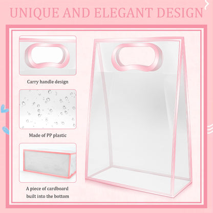 15Pack Clear Plastic Gift Bags with Handle,Reusable PP Gift Wrap Tote Bags with Ribbon for Wedding Bridal Birthday Party Baby Shower Goodies Graduation Shopping Business, 7x10x3.15 Inch (Pink)