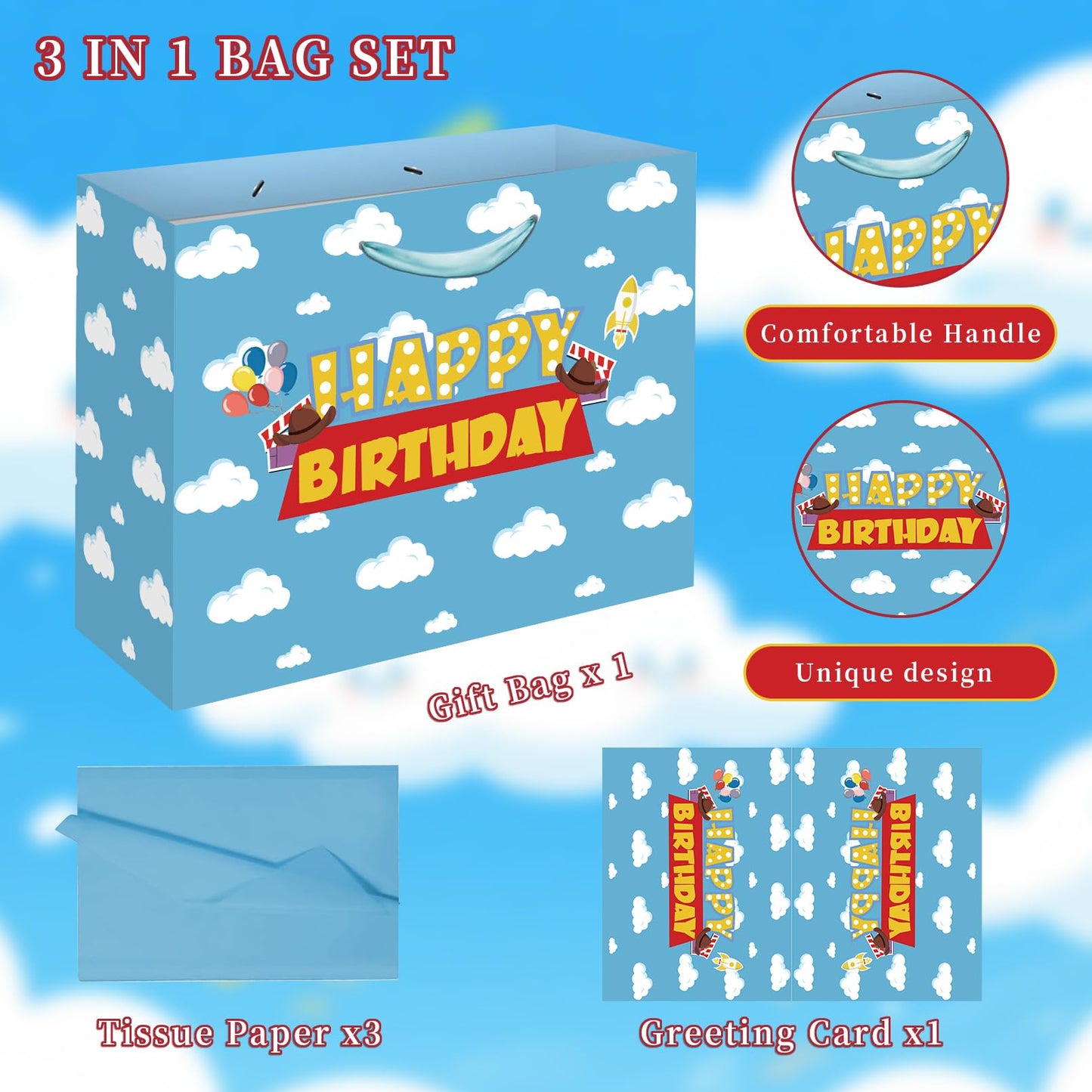 Blue Sky White Clouds Gift Bag - Extra Large Happy Birthday Bags with Card & Tissue Paper - Cheerful Cartoon Story Design for Kids Parties, Baby Showers & Celebrations