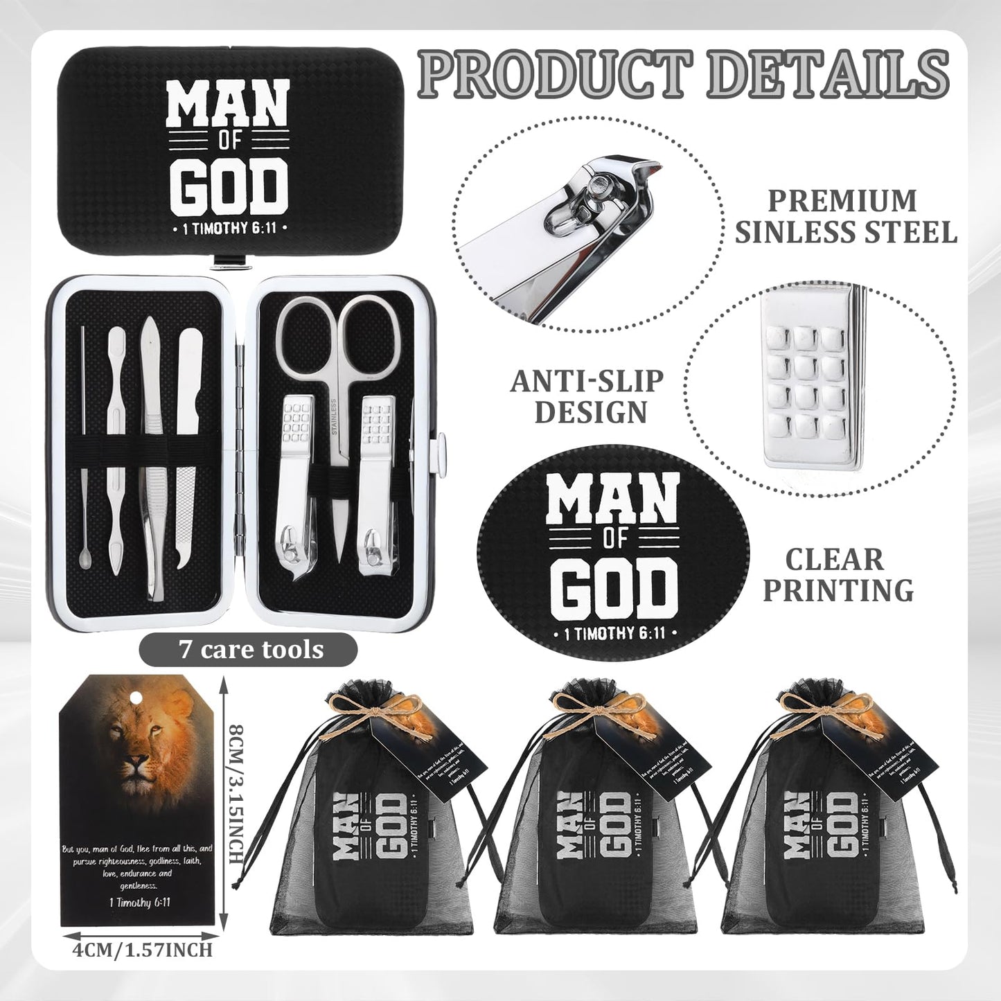 Shinymoon 12 Sets Man of God Christian Gifts Bulk for Men Father Day Gifts Bulk Church Bible Manicure Sets Man of God Scripture Stainless Steel Nail Clipper Set with Card Religious Gift for Father Day