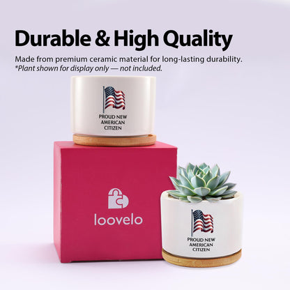 Proud New American Citizen US Citizenship Gifts Celebrations American Flag Ceramic Succulent Plant Pot with Bamboo Tray Round Plant Lover Gifts Home Office Decor 3.5 Inch White (No Plants)