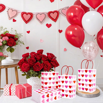 FYSUIMU 24Pcs Valentine' s Day Paper Gift Bags Red Pink Love Heart Candy Goodie Bags with Handles for Wedding Anniversary Mother' s Day Birthday Party Favors
