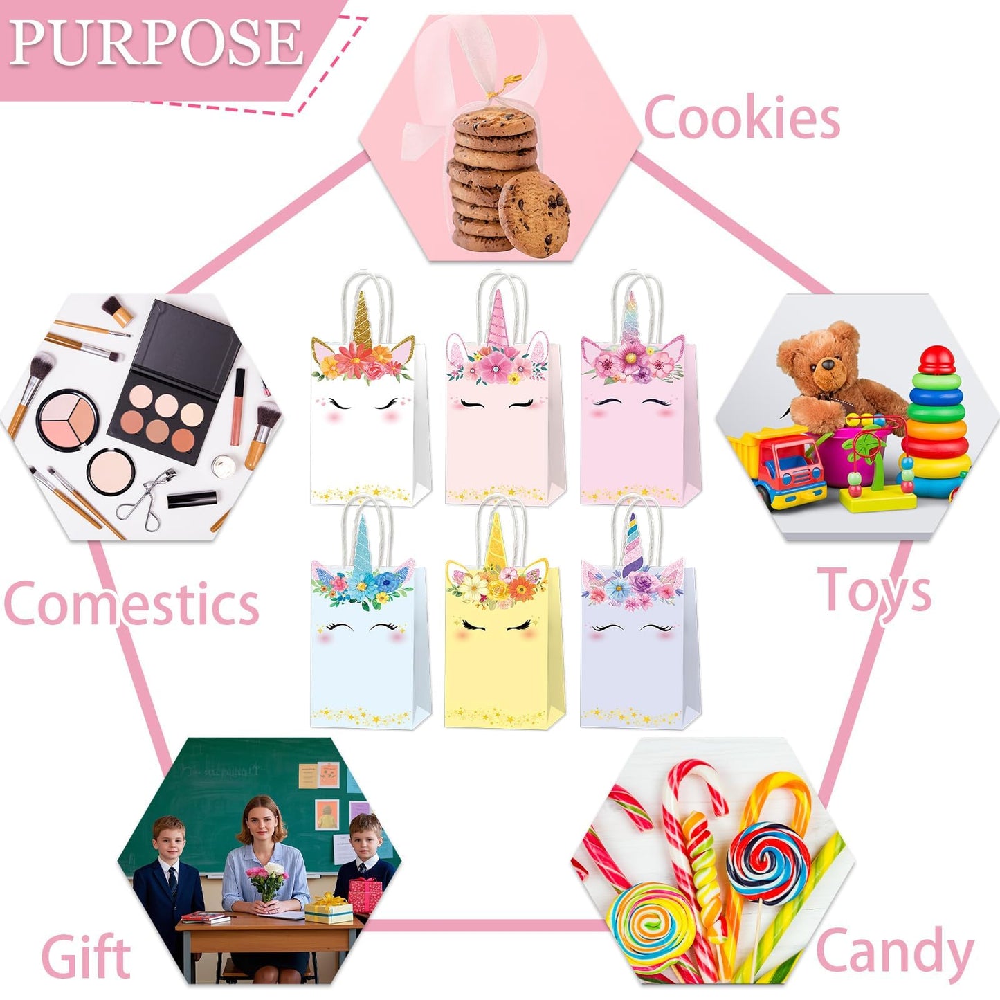 ZOIIWA 12Pcs Unicorn Party Favor Bags Rainbow Themed Treat Bags Pastel Unicorn Candy Goodie Bag Princess Paper Gift Bag with Handle Decorations for Birthday Baby Shower Wedding Party Decor Supplies