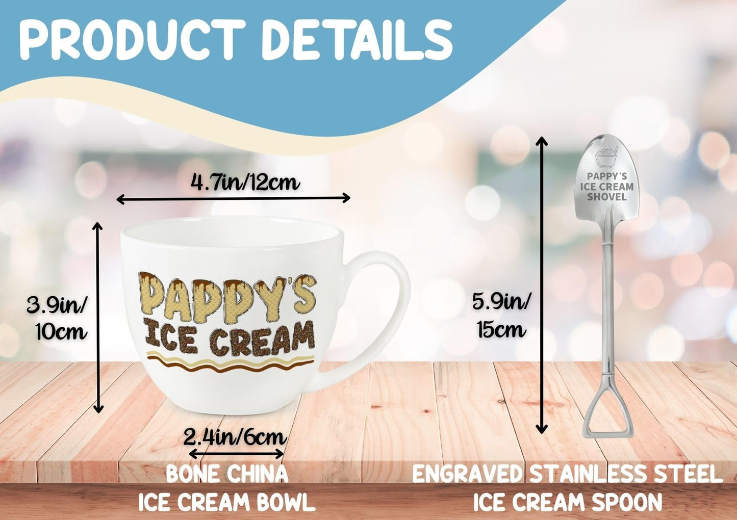 InnoBeta Pappy Gifts, Fathers Day Gift Ice Cream Bowl Scoop Shovel Spoon Set, Pappy Ice Cream Gift from Grandkids Grandchildren, Ideal Xmas Birthday Father's Day Grandpa Present