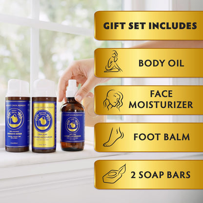 Ancient Greek Remedy Organic Spa Gift Set - Body Oil, Face Moisturizer, Foot Balm & 2 Soap Bars - Lavender Scented Skin Care Gift Basket for Women - Perfect for Christmas, Birthdays & Self Care