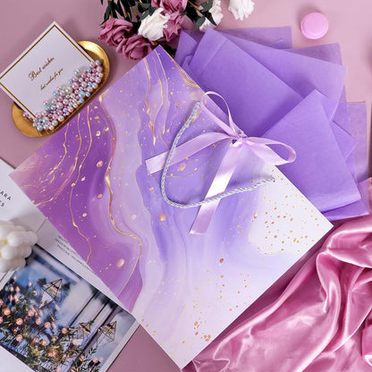 Purple Gift Bags, 2PCS 13” Large Gift Bags with Tissue Paper and Greeting Cards, Gift Bag with Handles Bow for Women Girls, Purple Gift Bags for Birthday Wedding Bridal Baby Shower Anniversaries