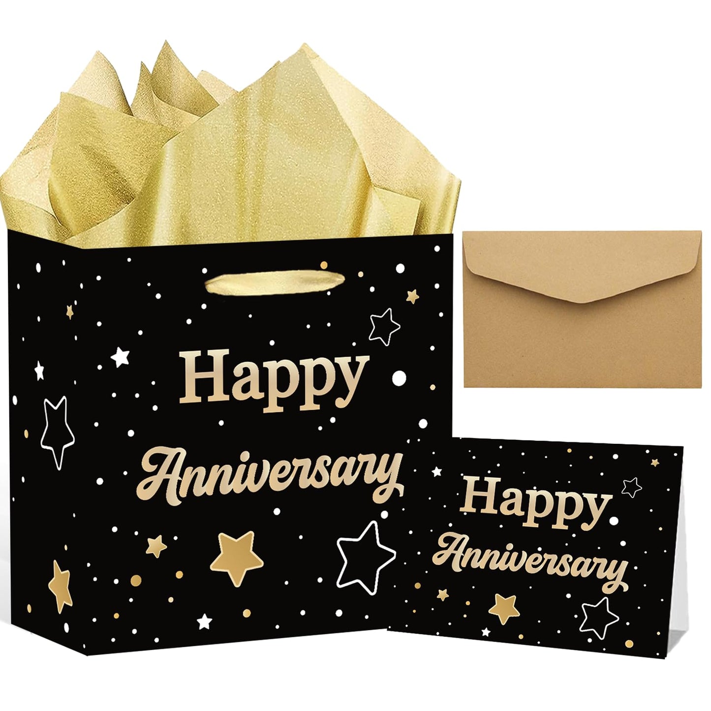 ONANNA Small Anniversary Themed Gift Bag with Tissue Paper and Greeting Card 7" Wedding Anniversary Wrpping Gifts Bag for Men Women Boyfriend Husband, Black Gold Romantic Milestone Party Supplies