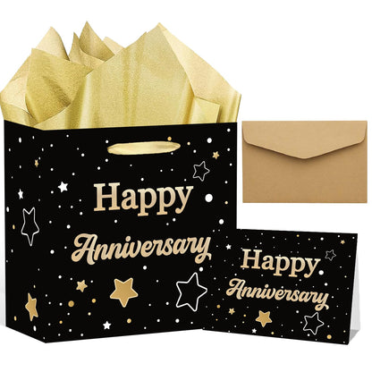 ONANNA Small Anniversary Themed Gift Bag with Tissue Paper and Greeting Card 7" Wedding Anniversary Wrpping Gifts Bag for Men Women Boyfriend Husband, Black Gold Romantic Milestone Party Supplies