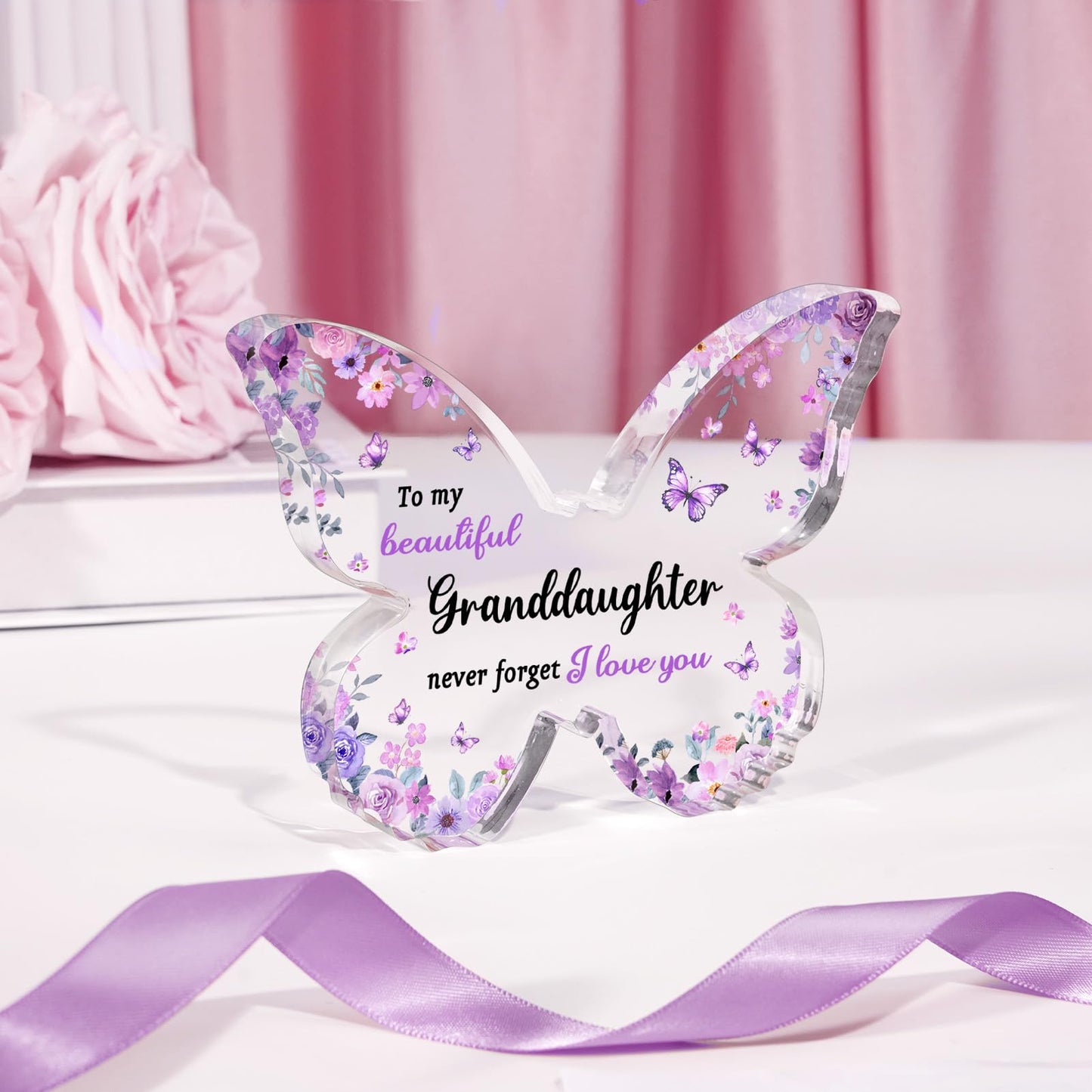 Granddaughter Gifts from Grandma Grandpa - Unique Purple Butterfly Acrylic Plaque Desk Decor - Mothers Day Christmas Valentines Day Graduation Gift for Granddaughter - 5 x 3.8 x 0.5 inches