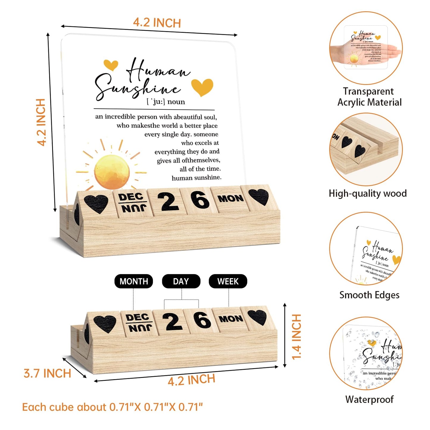 Human Sunshine Inspirational Gifts - Appreciation Wooden Block Calendar, Motivational Thank You Gifts for Coworkers Women Man, Boss Office Desk Decor, Employee Coach Mentor Desk Sign