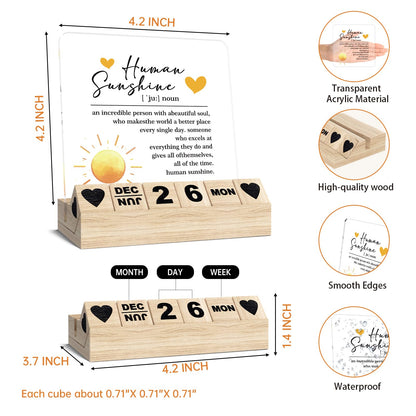 Human Sunshine Inspirational Gifts - Appreciation Wooden Block Calendar, Motivational Thank You Gifts for Coworkers Women Man, Boss Office Desk Decor, Employee Coach Mentor Desk Sign