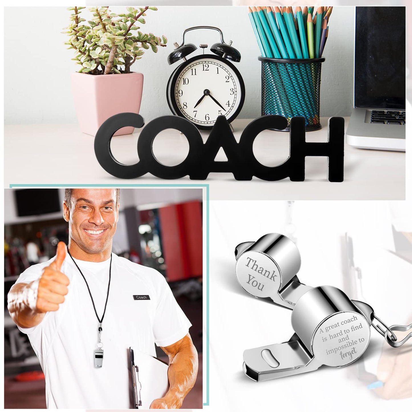 Yalikop 3 Pcs Coach Gifts Football Coach Wood Sign Thank You Whistle Marker Pen Stainless Steel Whistle with Rope for Men Women Soccer Baseball Volleyball Sports Gifts