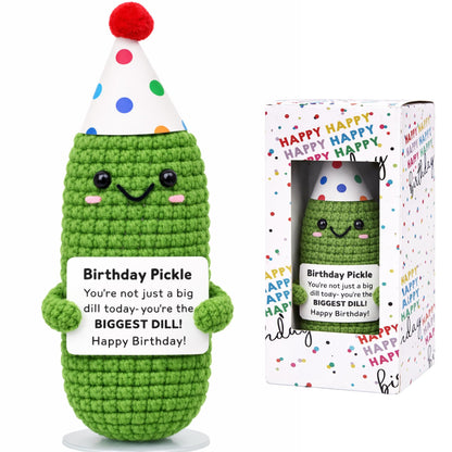 Birthday Pickle with Stand. Emotional Support Crochet Gift. Happy Birthday Gifts for Women, for Her. Present for Mom. Funny Gag Gift for Friends.
