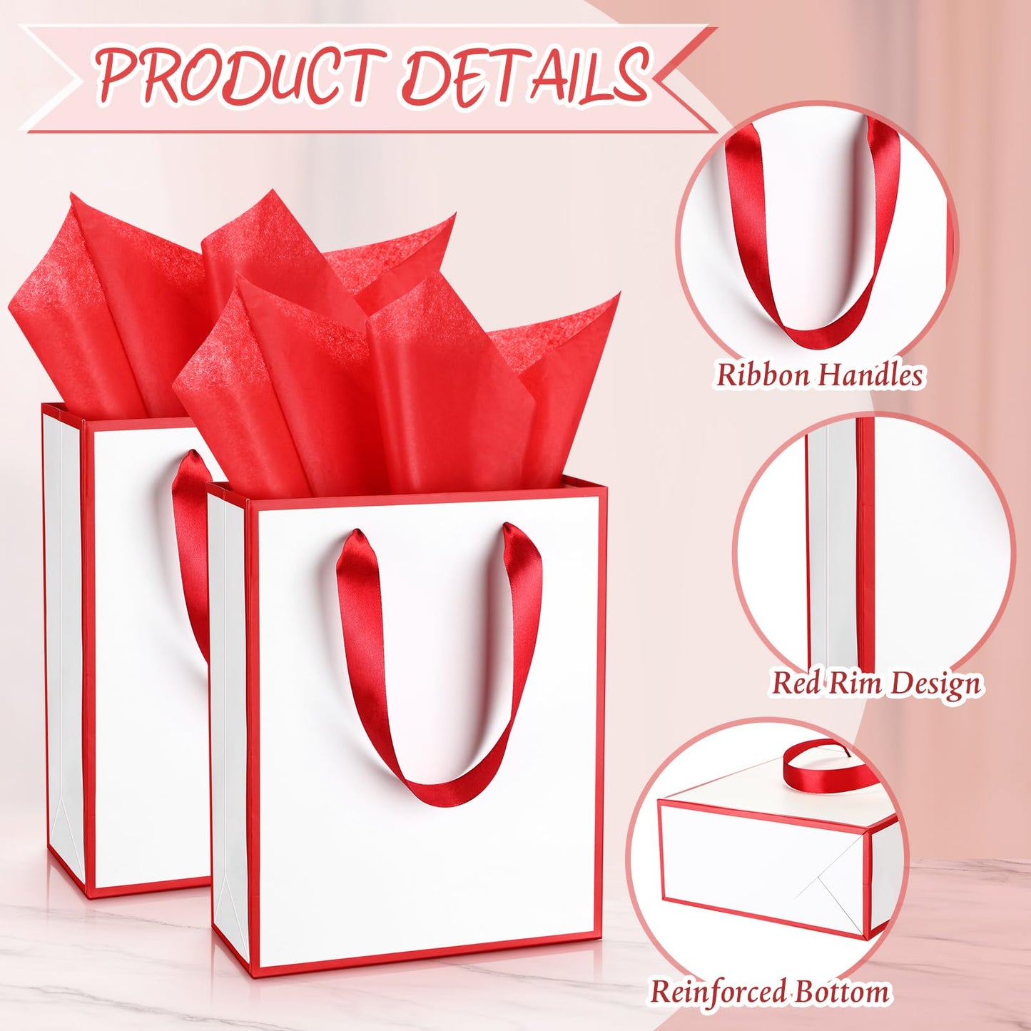 Yeaqee 24 Pack Metallic Paper Gift Bags with Handle and Tissue 9x7x3.1 Gold Foil Welcome Thank You Favor Bags Return Gifts for Wedding Graduation Bridesmaid Groomsmen Birthday(White, Dark Red)