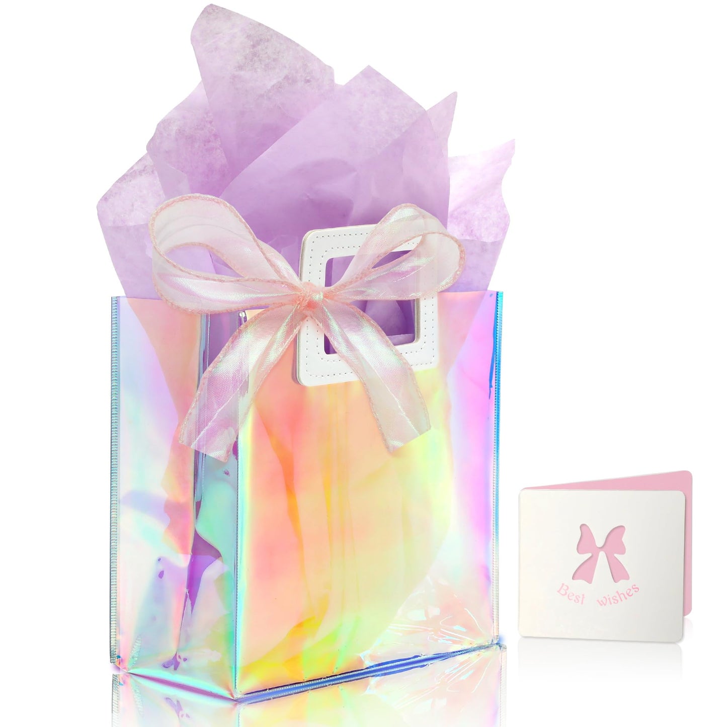 KeerxunBag 1 Pack Holographic Gift Bags with Handles & 2 Tissue Paper Sheets – Iridescent Transparent Reusable Bags for Women, Girls, Birthdays, Weddings，Purple Gift Bag